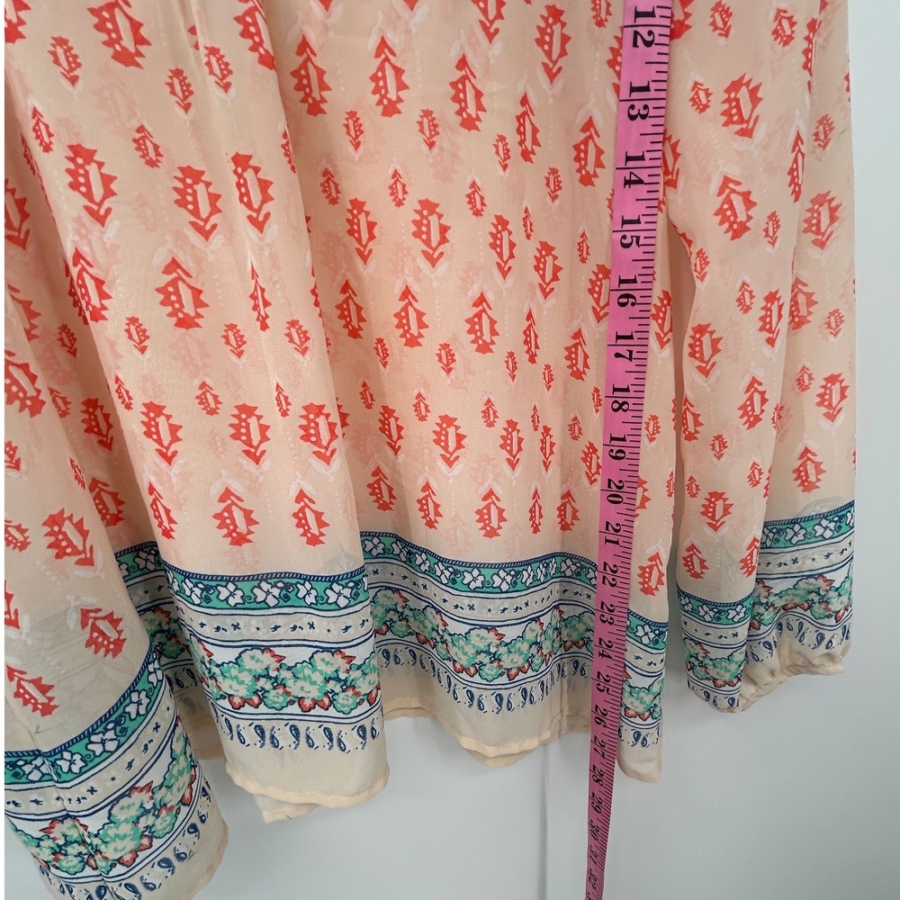 Blu Pepper Boho Sheer Peasant Blouse‎ Cream Coral Print Embroidered Back Size L - Picture 6 of 6